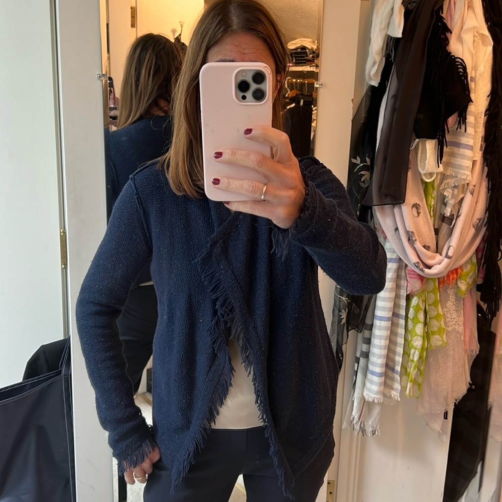 Fringe details navy blue with color speckles open sweater by Joie